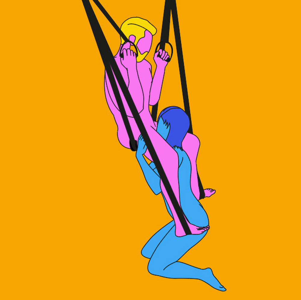 A naked illustrated couple. One person is sat in a sex swing and the other is on their knees by their crotch.